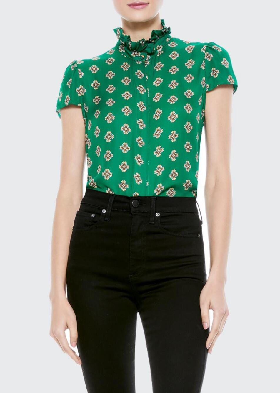 Alice + Olivia Juliette Ruffle Mock-Neck Button-Down Blouse Green Medallion S